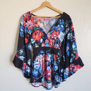 Betsey Johnson Dark Floral Bell Sleeve V-Neck Blouse Black L/XL Tie Waist Kimono